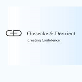 Logo of Giesecke & Devrient, featuring a stylized G & D and the tagline Creating Confidence on a light blue background.