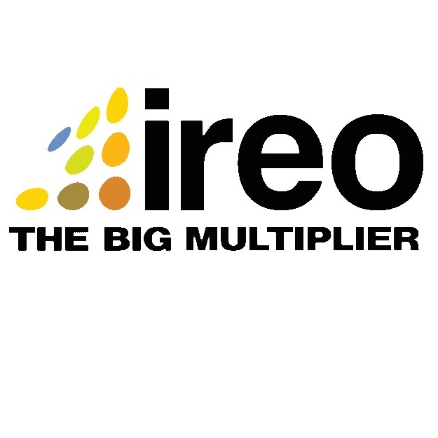 Logo for ireo featuring colorful dots and the tagline THE BIG MULTIPLIER in bold letters, emphasizing innovation and growth.
