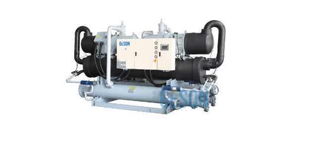 Industrial chiller unit with two large black compressors, control panel, and blue pipes, designed for efficient cooling systems.