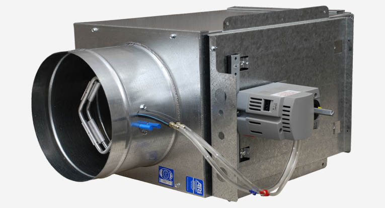 Metal ducting unit with an attached motor, featuring a large round outlet and connected tubing for airflow regulation.